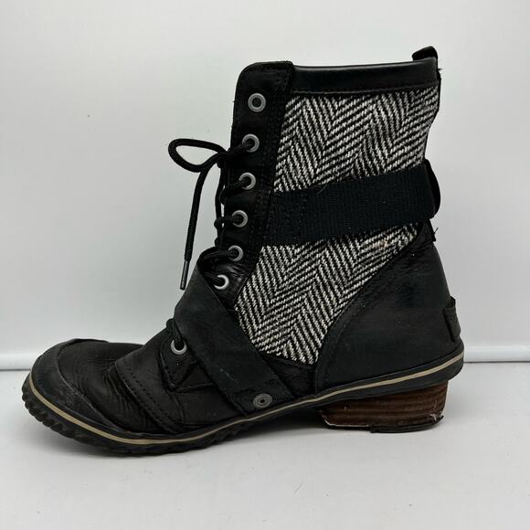 Sorel Boots Womens 8 SlimBoot Ankle Black Herringbone Waterproof Leather Winter - Picture 3 of 11